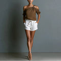 Chic Shoulder-Baring Short Sleeve Women's Casual Brown Linen-Cotton Blended Top