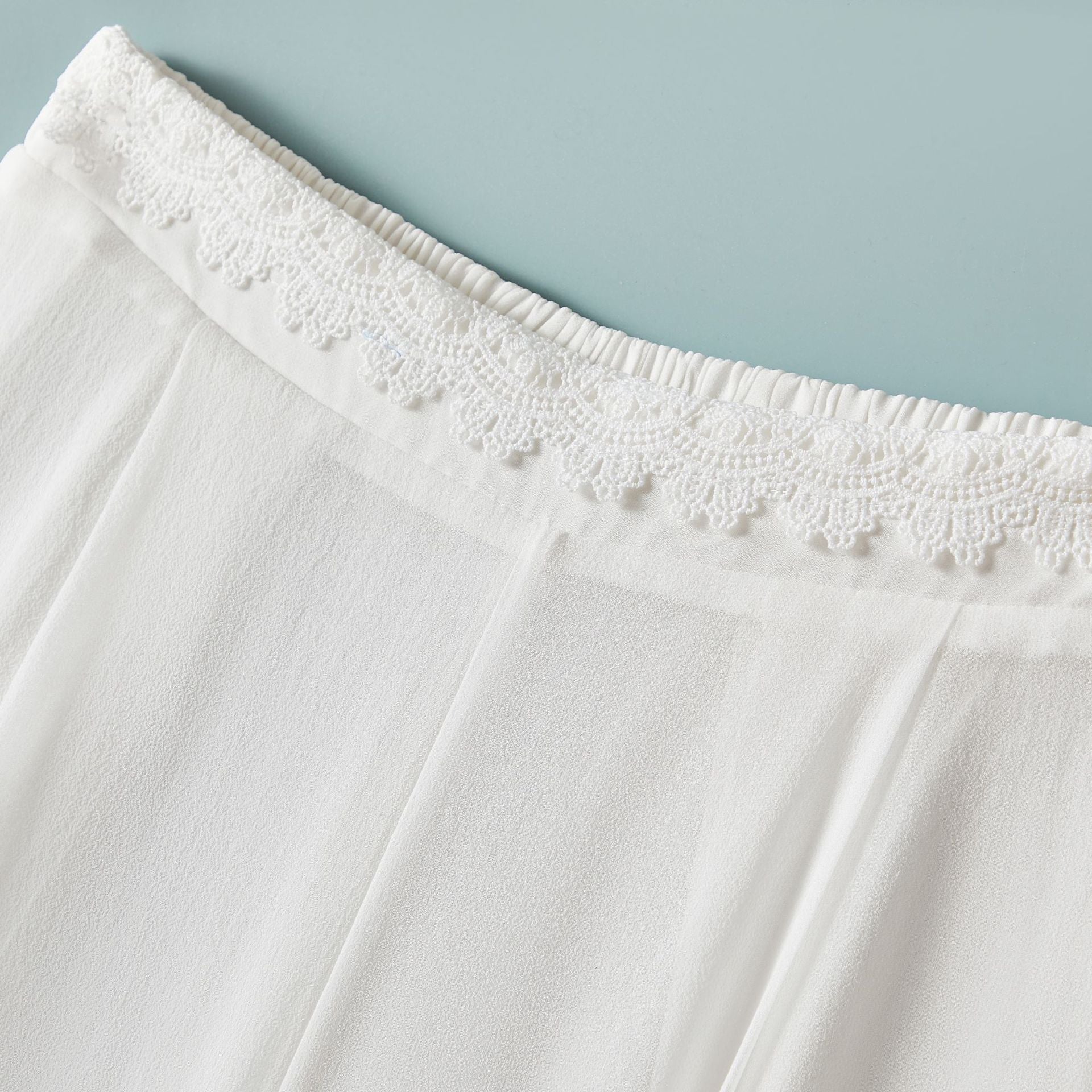 Loose Comfortable Breathable Lightweight Flowy Silk Wide-Leg Pants with Lace Trim at Waistline Casual Trousers