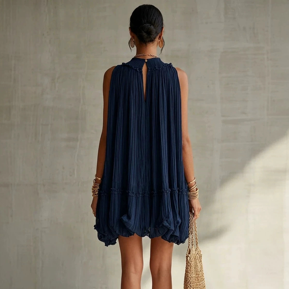 Sleeveless Pleated Mini Dress for Women, Loose A-Line Skirt with Ruffled Hem, Gathered Pleats, Casual Vacation Style, Flared Silhouette, Sweet Baby Doll Dress