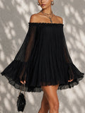 Elegant Black Off-Shoulder Backless Pleated Lantern Sleeve Mini Dress