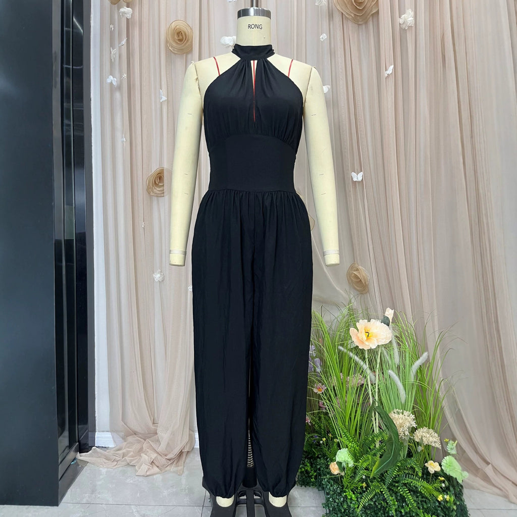 Sleeveless hanging neck backless high waisted jumpsuit