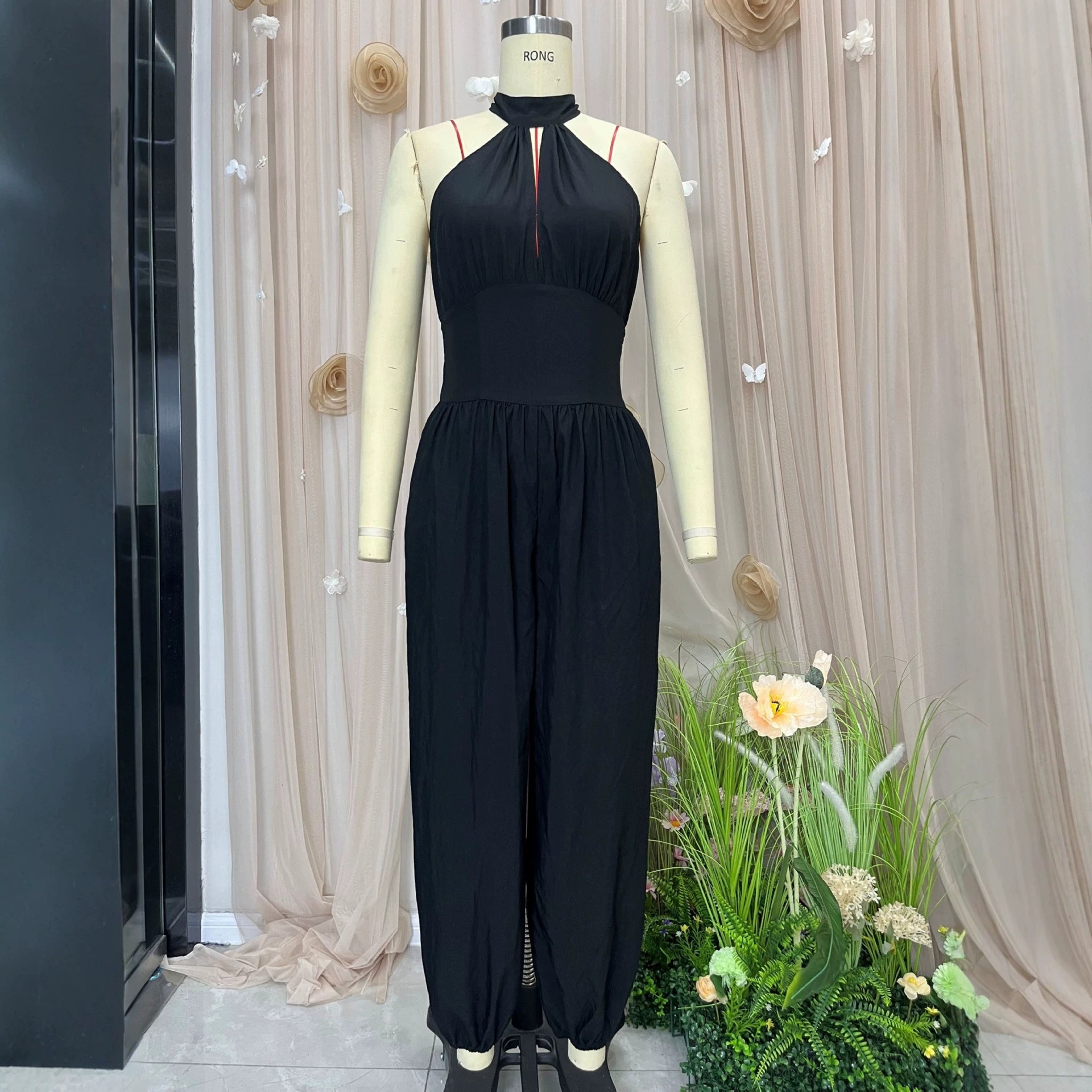 Sleeveless hanging neck backless high waisted jumpsuit