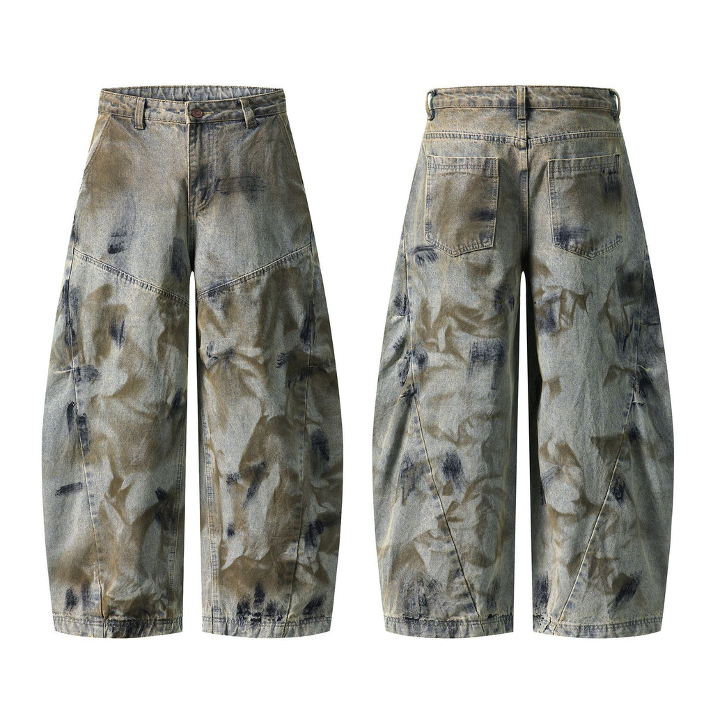Heavy Washed Denim Pants Loose Wide Leg Patchwork Cut Versatile Long Pants
