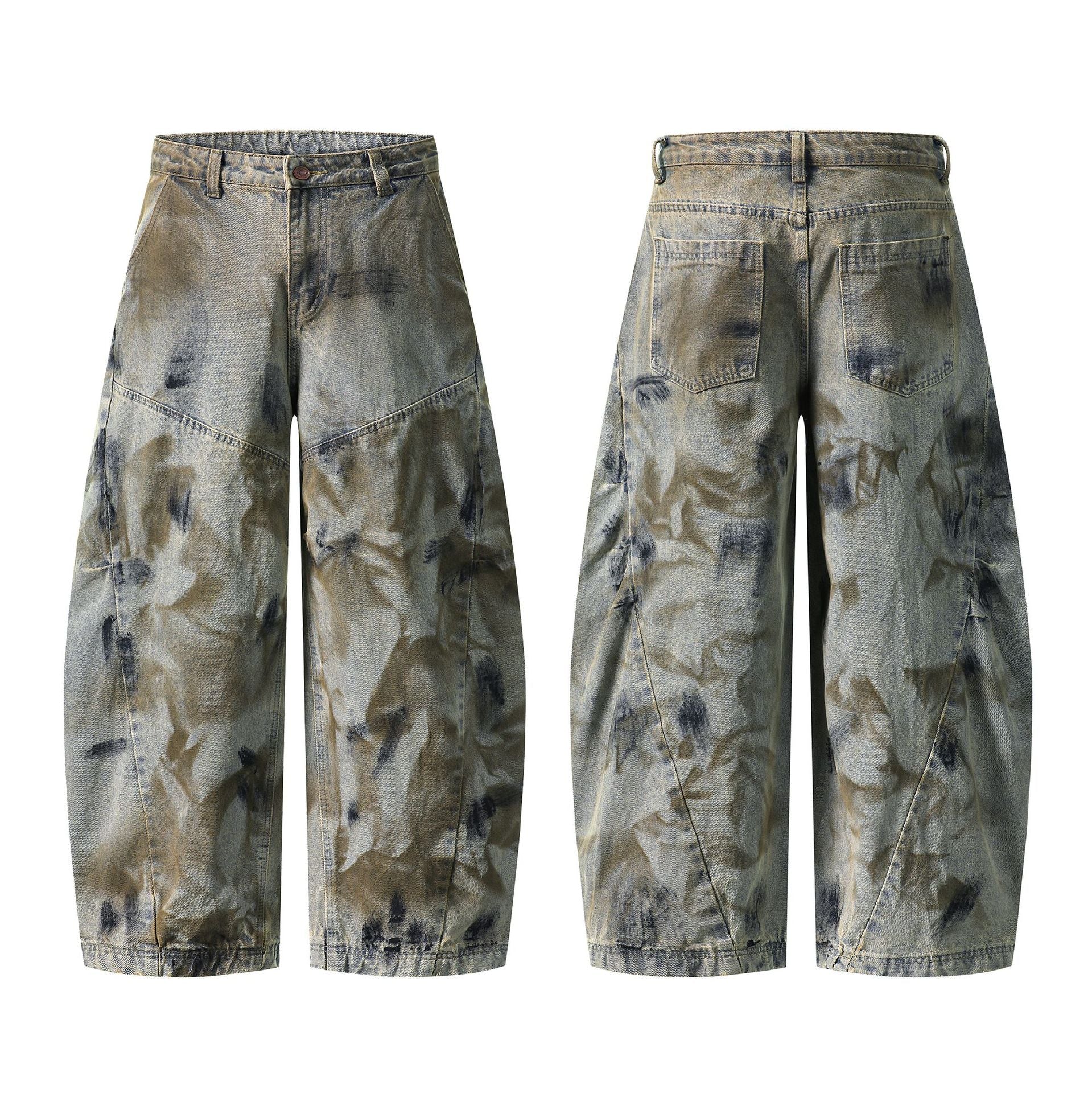 Heavy Washed Denim Pants Loose Wide Leg Patchwork Cut Versatile Long Pants