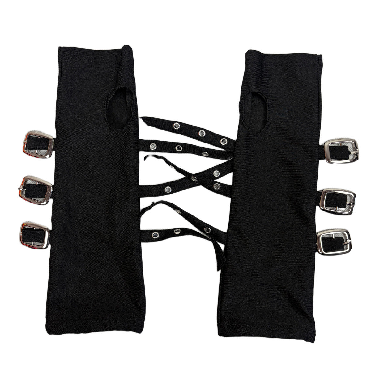 Halloween Millennial Punk Sleeveless Gloves for Women, Black Half-Finger Cut-Off Gloves with Metal Buckle, Dark Gothic Style, Sun Protection, Cosplay Arm Sleeves