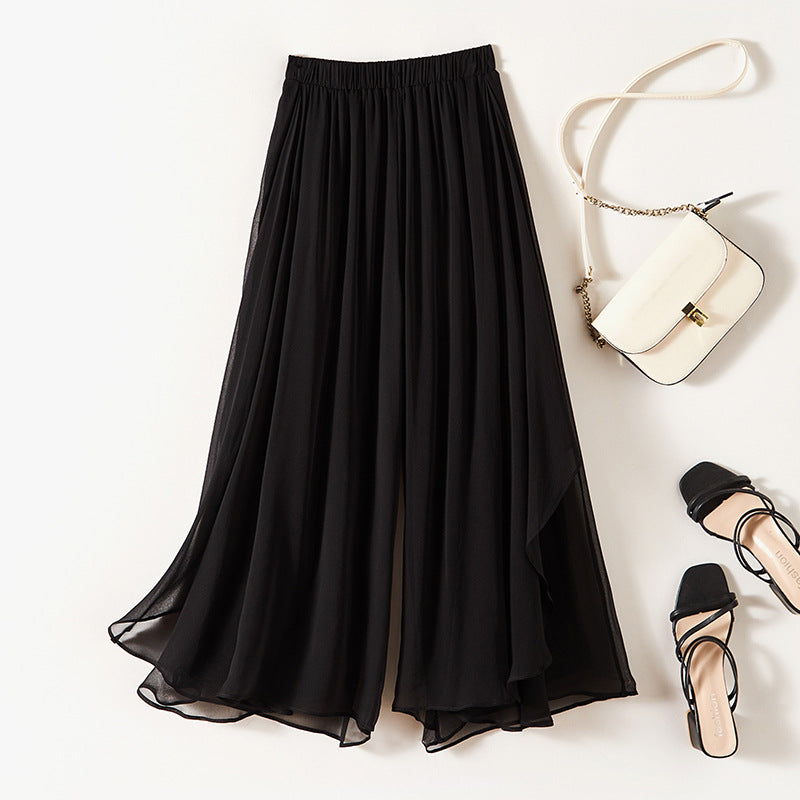 Lightweight Elegant Fashion Nine-Part Pants Women's Summer Elastic Waist Casual Silk Wide Leg Pants