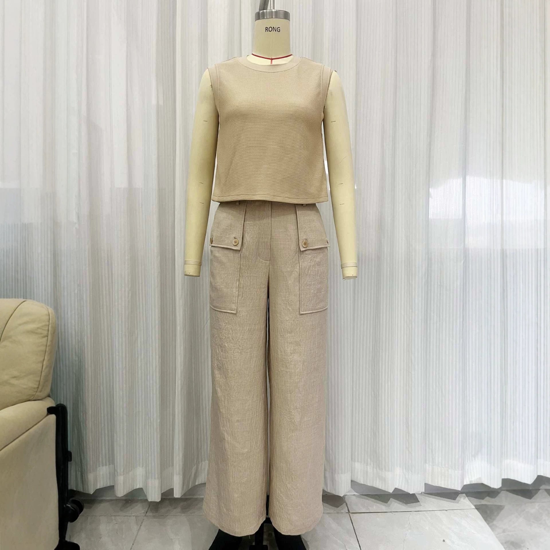 Khaki linen casual two-piece short knitted vest pocket wide leg pants set