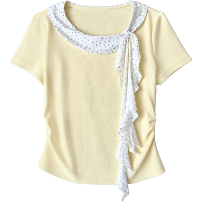 Round Collar Short Sleeve T-Shirt for Women, Fitted Pleated Waist-Cinching Regular Shoulder Top