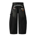 Embroidery Hand-painted Print Denim Pants Gradient Distressed Loose Wide-leg Style Streetwear Long Pants