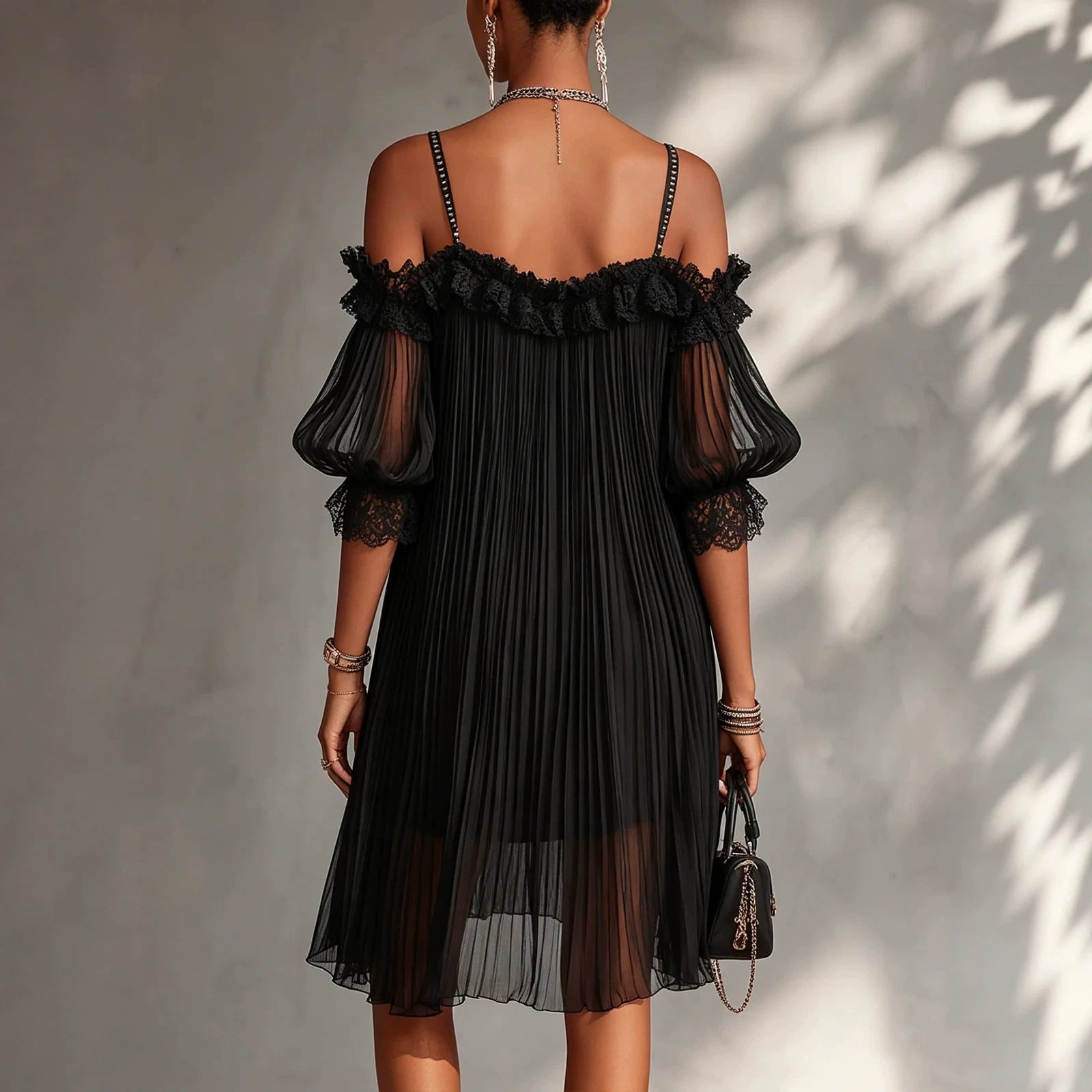 Sexy Sheer Lace Spliced Strap Solid Color Backless Dress
