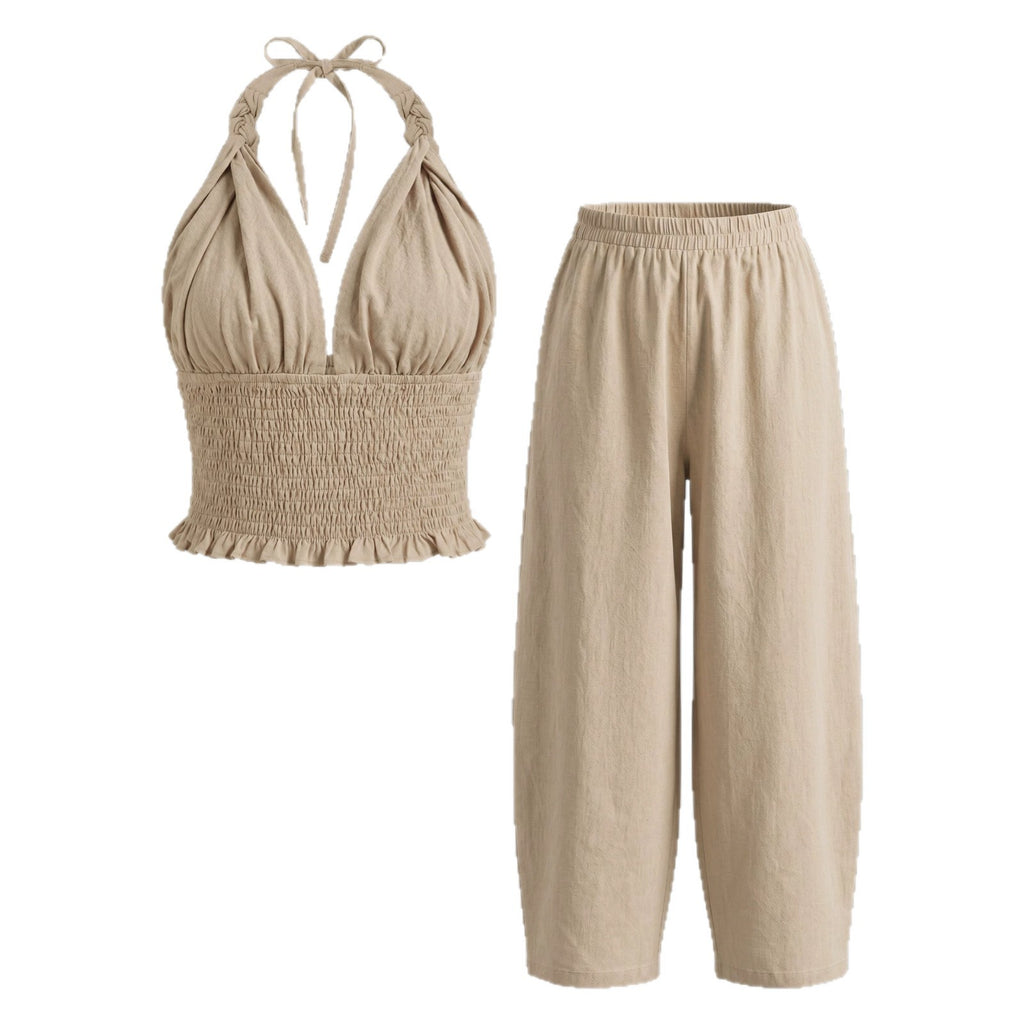 Hanging neck V-neck short top+loose lantern pants linen two-piece set for women