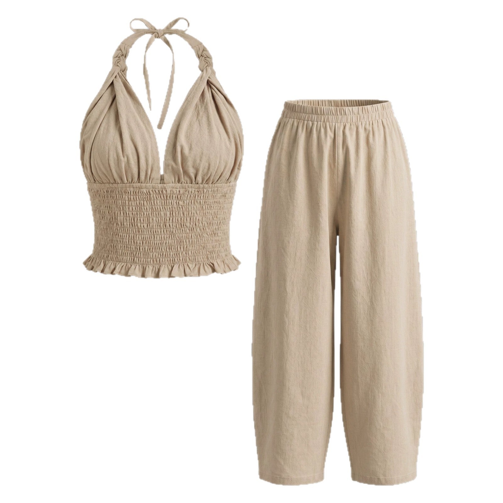Hanging neck V-neck short top+loose lantern pants linen two-piece set for women