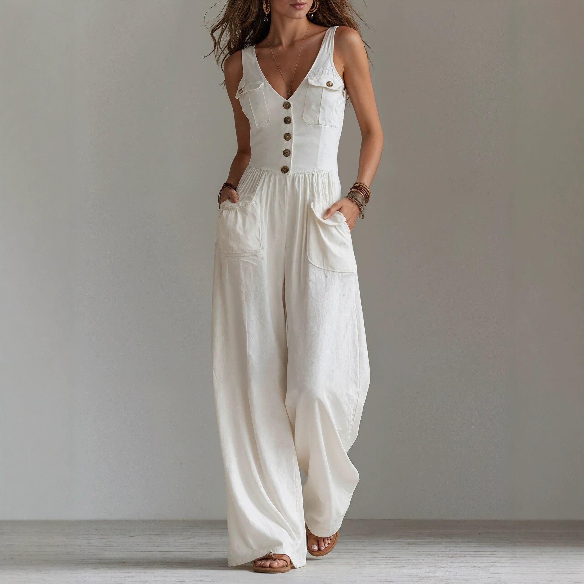 Summer pocket V-neck vest high waisted jumpsuit for women