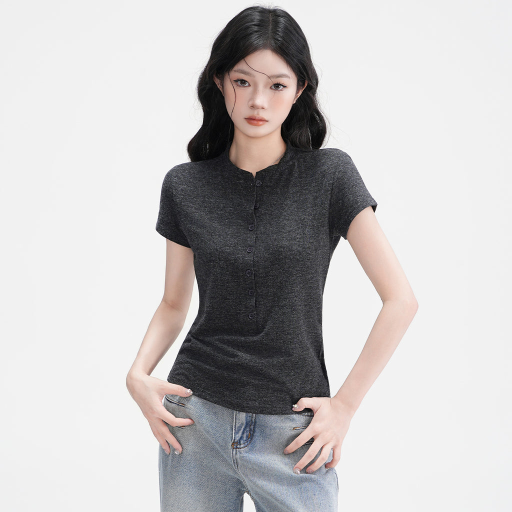Elegant Half-Open Collar Buttoned Shoulder Design Short Sleeve T-Shirt for Women