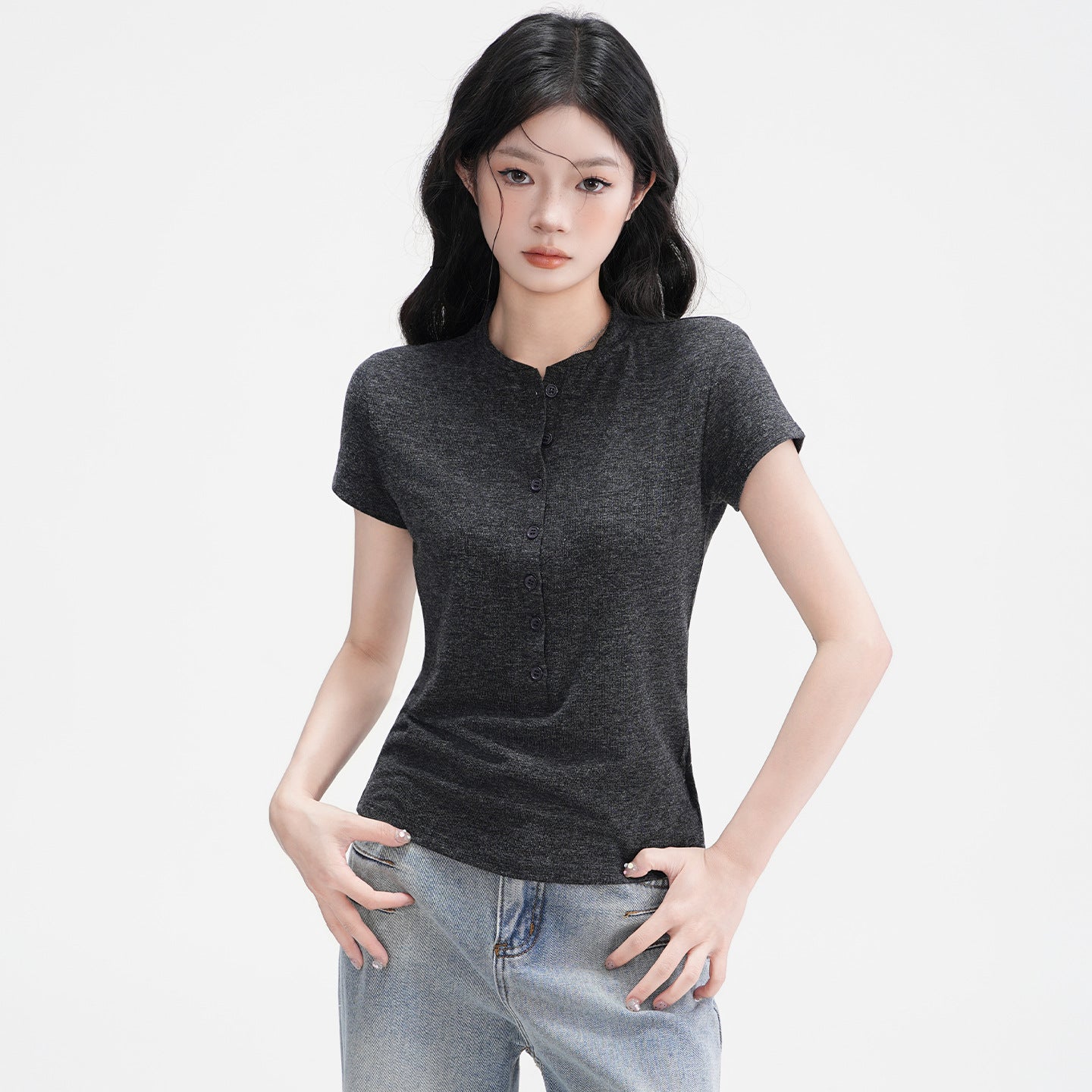 Elegant Half-Open Collar Buttoned Shoulder Design Short Sleeve T-Shirt for Women