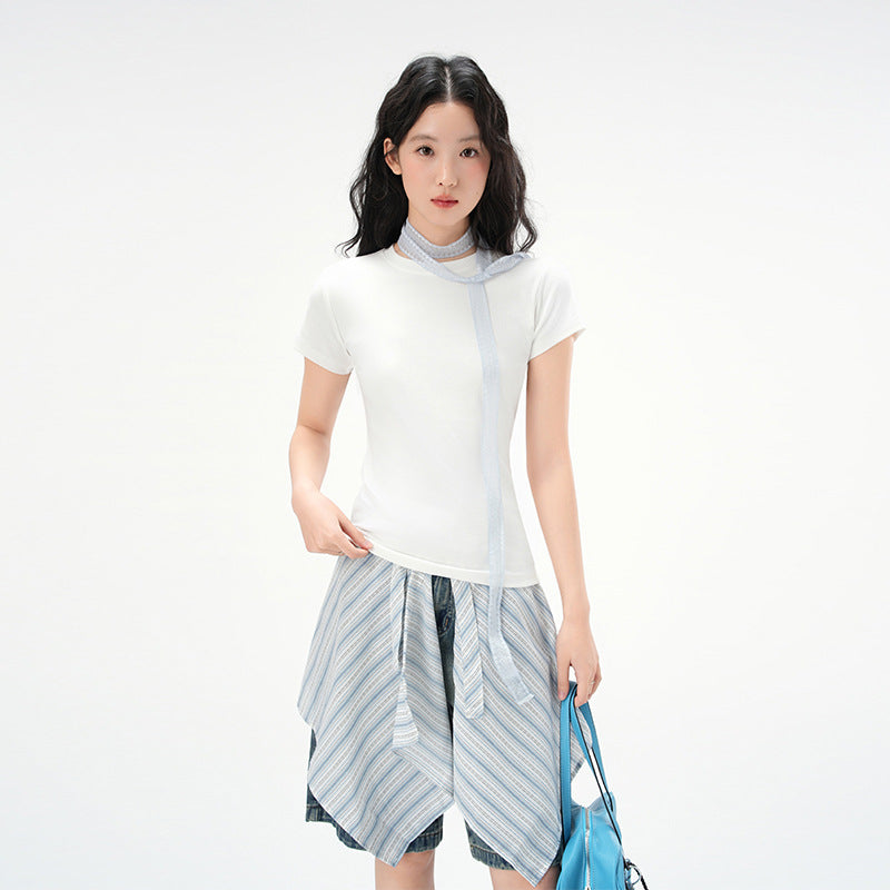 Round Neck Basic Cotton Fitted Short Sleeve T-Shirt for Women