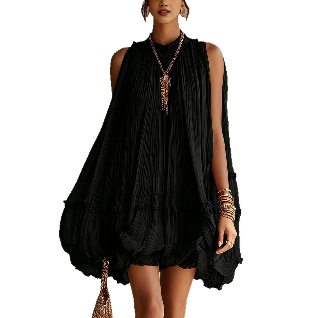 Sleeveless Pleated Mini Dress for Women, Loose A-Line Skirt with Ruffled Hem, Gathered Pleats, Casual Vacation Style, Flared Silhouette, Sweet Baby Doll Dress