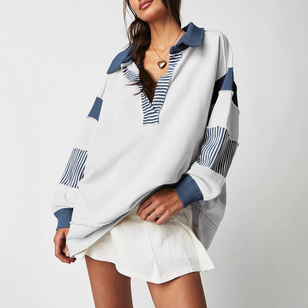 Casual Versatile Deep V-Neck Long Sleeve Loose Sweatshirt Top with Stripe Color Block Design