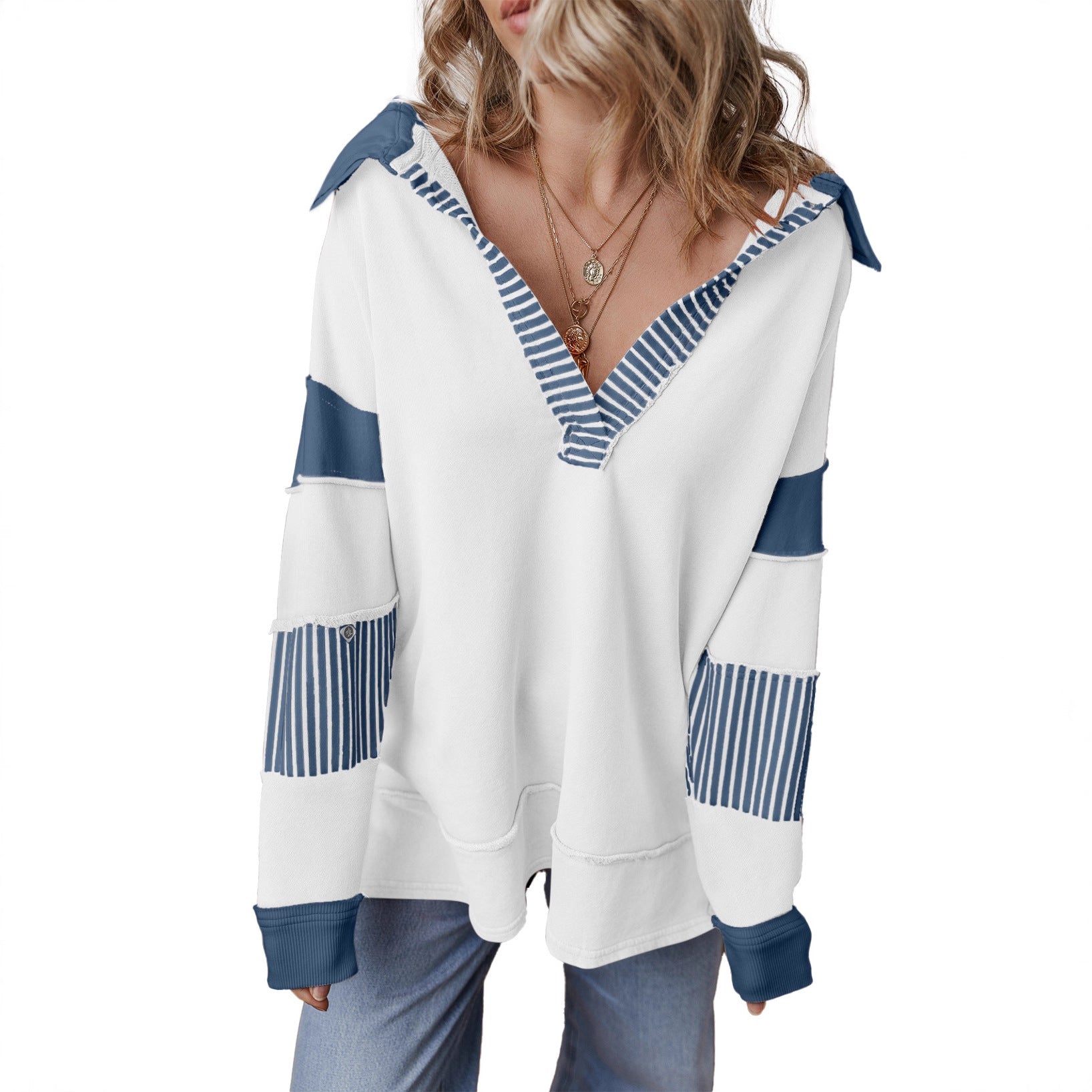 Casual Versatile Deep V-Neck Long Sleeve Loose Sweatshirt Top with Stripe Color Block Design
