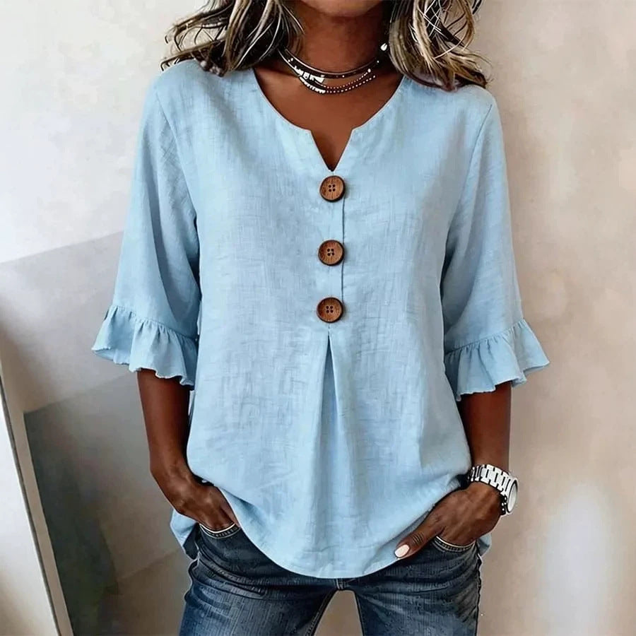 Fashionable Cotton Linen V-Neck Button-Up Blouse for Women Summer Casual Top