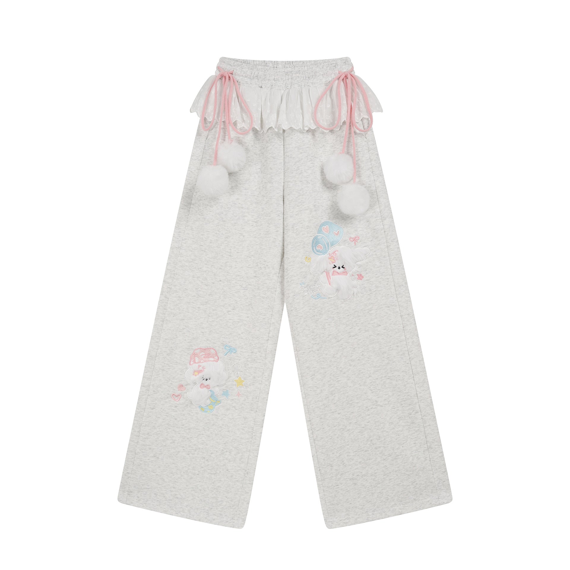 Wide Leg Sweatpants Women Lace Trim Pom-Pom Drawstring High Waist Slimming Long Pants