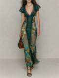 Vintage Emerald Green Lace V-Neck Short Sleeve Patchwork Oil Painting Print Fitted Flared Vacation Fish Tail Long Dress