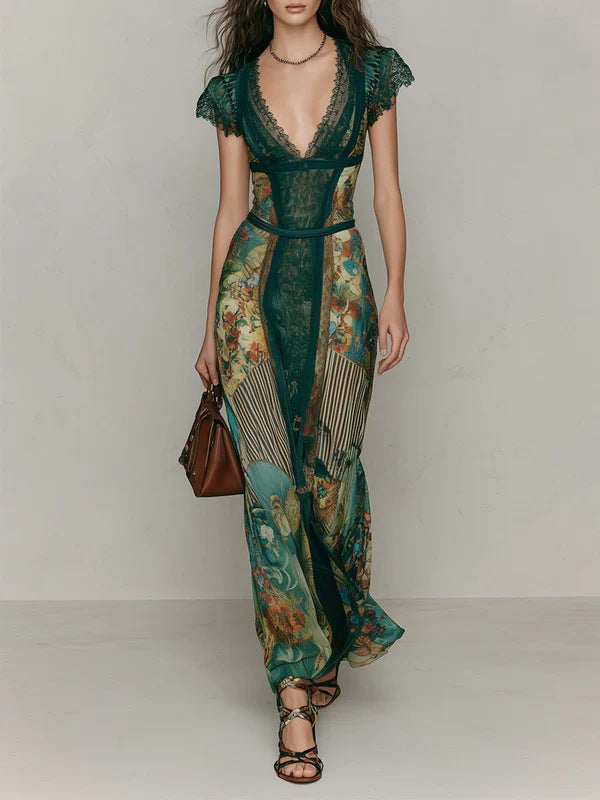Vintage Emerald Green Lace V-Neck Short Sleeve Patchwork Oil Painting Print Fitted Flared Vacation Fish Tail Long Dress