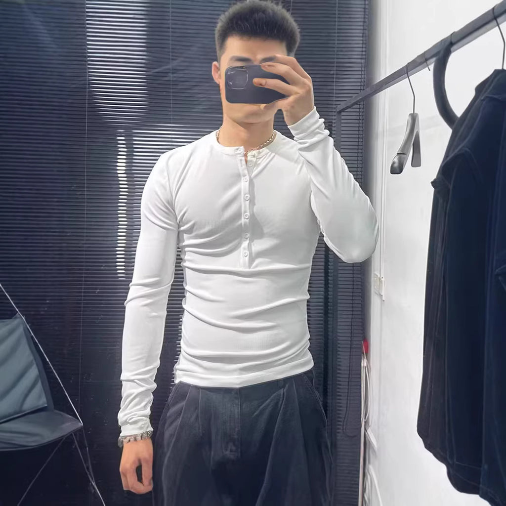 Sexy Fit Stretchy Henley Shirt for Muscular Men, Lightweight Semi-Transparent Long Sleeve Cover-Up with Half-Open Collar and Buttoned Design
